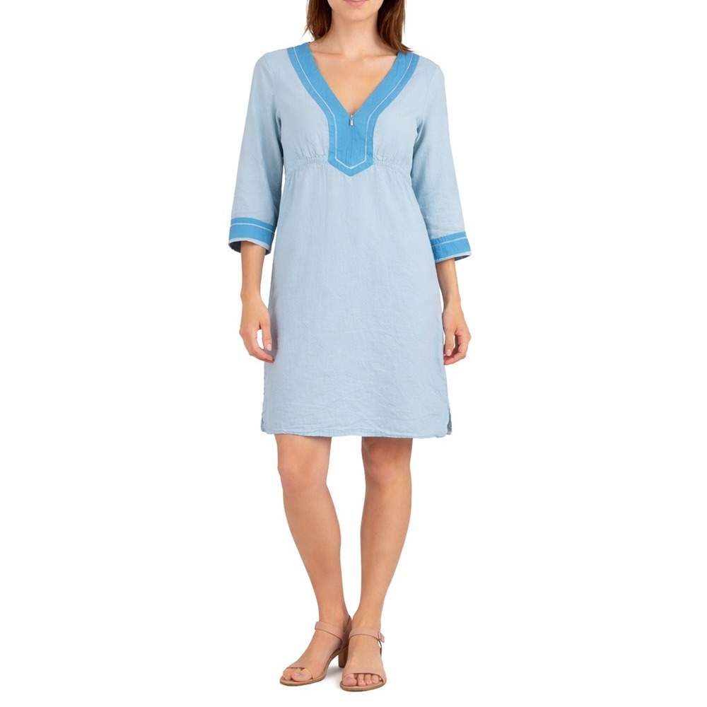 Athleta Lanai Linen 3/4 Sleeve Dress‎ XS Baha Blue Shift Dress V Neck Tie Waist
